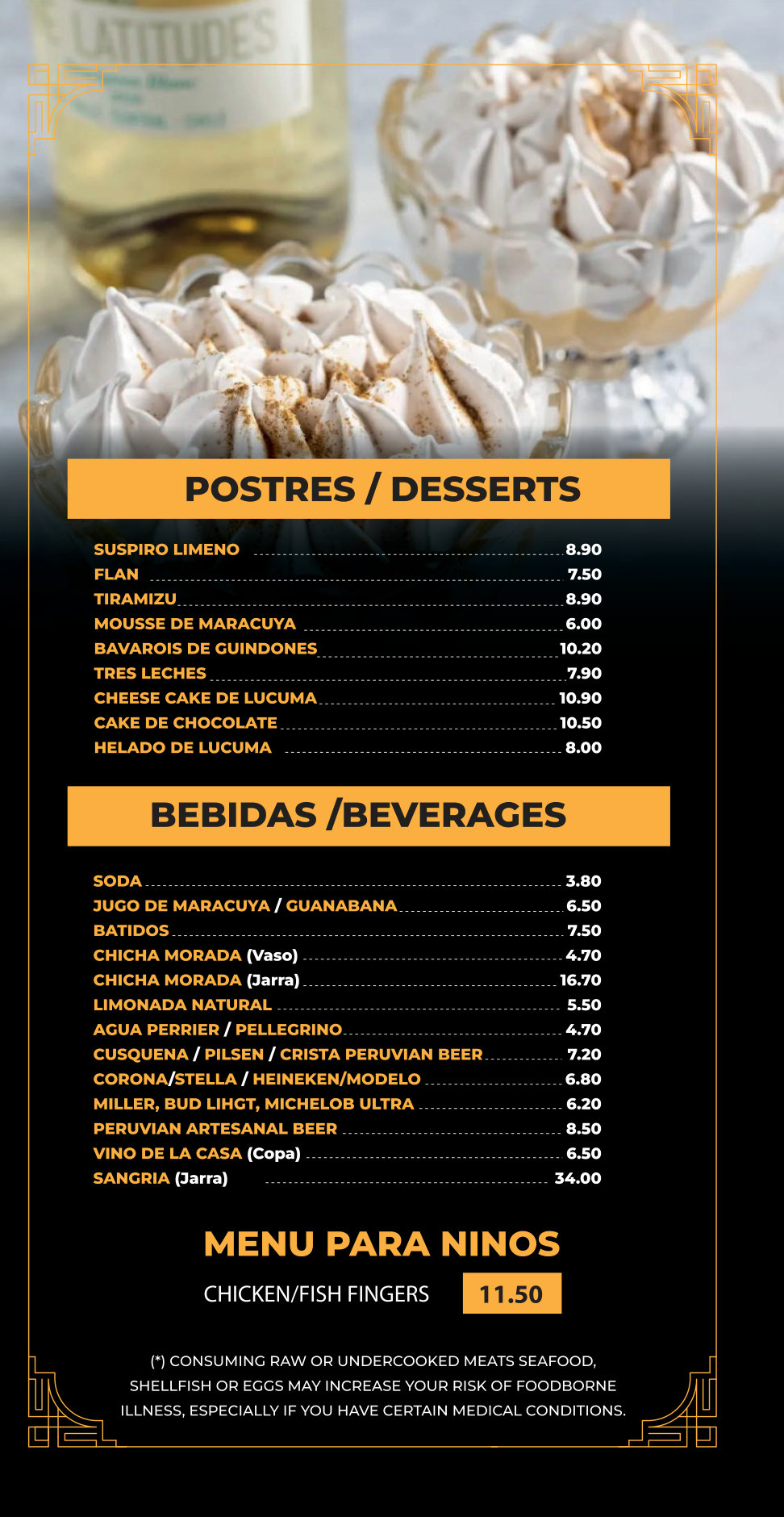Cevichino menu, page 6 — desserts, beverages, and kids